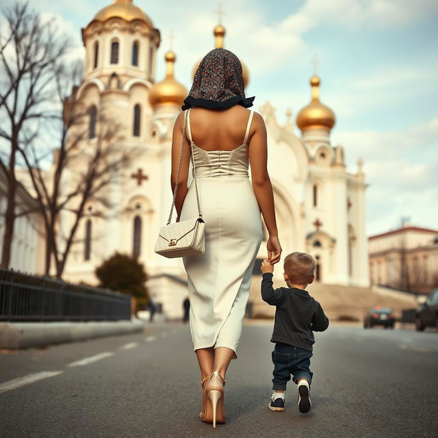 A pious Russian Orthodox woman with an hourglass, curvy figure, walking elegantly down the street towards a grand cathedral