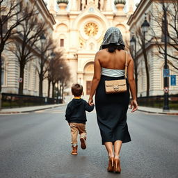 A pious Russian Orthodox woman with an hourglass, curvy figure, walking elegantly down the street towards a grand cathedral
