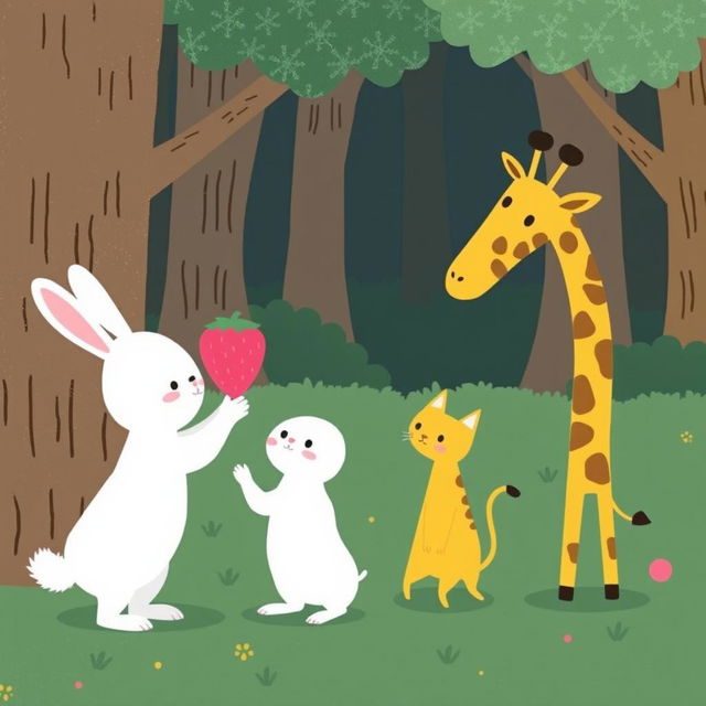 In a whimsical forest setting, a cute little white rabbit is presenting a pink strawberry plush toy to an adorable giraffe