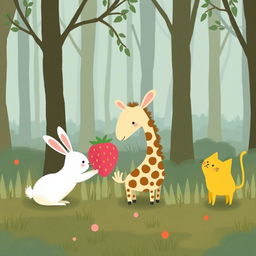 In a whimsical forest setting, a cute little white rabbit is presenting a pink strawberry plush toy to an adorable giraffe