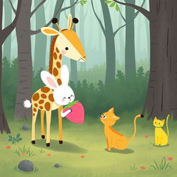 In a whimsical forest setting, a cute little white rabbit is presenting a pink strawberry plush toy to an adorable giraffe