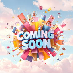 A vibrant and whimsical 'Coming Soon' image featuring an explosion of colorful, whimsical papers flying out in all directions