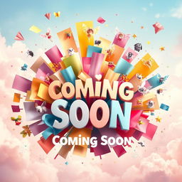A vibrant and whimsical 'Coming Soon' image featuring an explosion of colorful, whimsical papers flying out in all directions