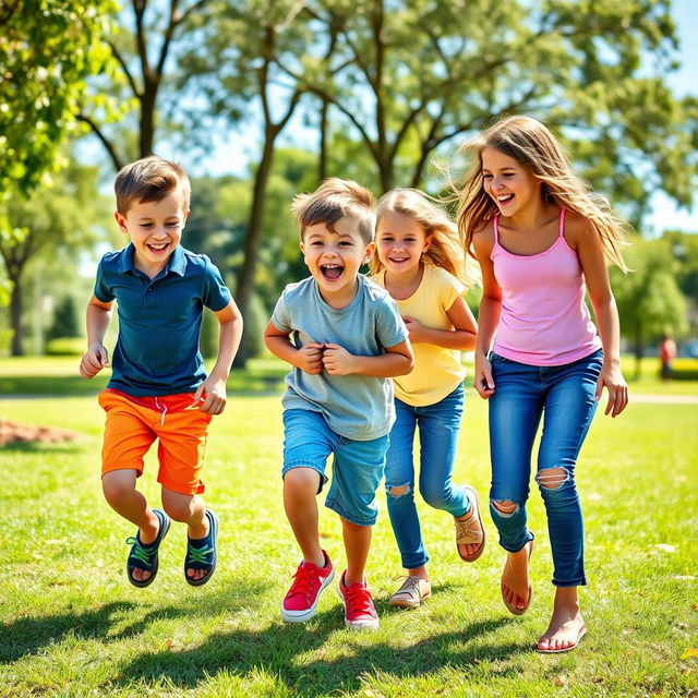 A playful scene depicting a group of three mischievous young boys wearing colorful shorts and two girls in stylish jeans