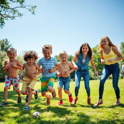 A playful scene depicting a group of three mischievous young boys wearing colorful shorts and two girls in stylish jeans