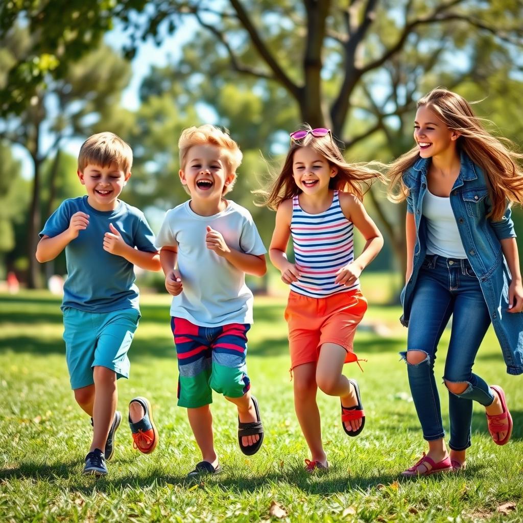 A playful scene depicting a group of three mischievous young boys wearing colorful shorts and two girls in stylish jeans