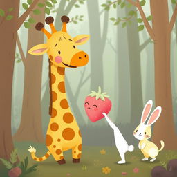 In a whimsical forest setting, a cute little white rabbit is presenting a pink strawberry plush toy to a cheerful long-necked giraffe, expressing joy