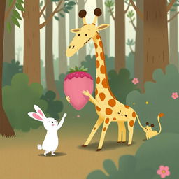 In a whimsical forest setting, a cute little white rabbit is presenting a pink strawberry plush toy to a cheerful long-necked giraffe, expressing joy