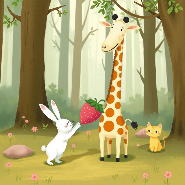 In a whimsical forest setting, a cute little white rabbit is presenting a pink strawberry plush toy to a cheerful long-necked giraffe, expressing joy