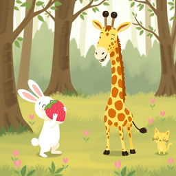 In a whimsical forest setting, a cute little white rabbit is presenting a pink strawberry plush toy to a cheerful long-necked giraffe, expressing joy