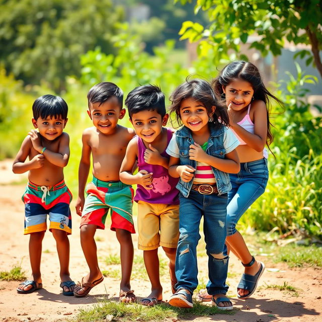 A lively scene depicting five playful Indian children: three boys and two girls