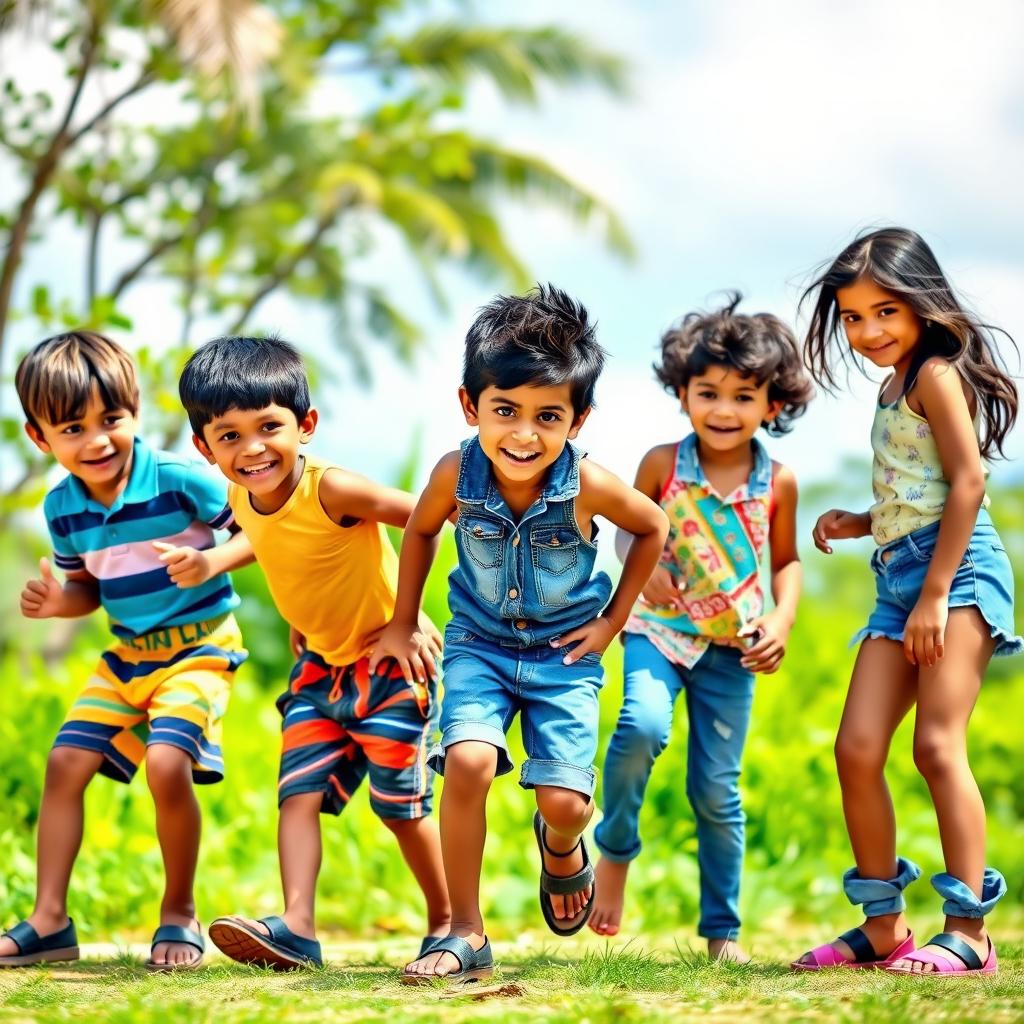A lively scene depicting five playful Indian children: three boys and two girls
