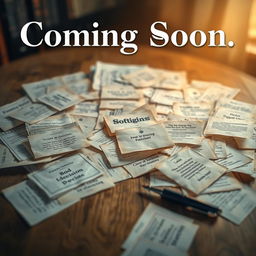 A visually captivating 'Coming Soon' poster featuring a chaotic assortment of printed papers scattered across a wooden table