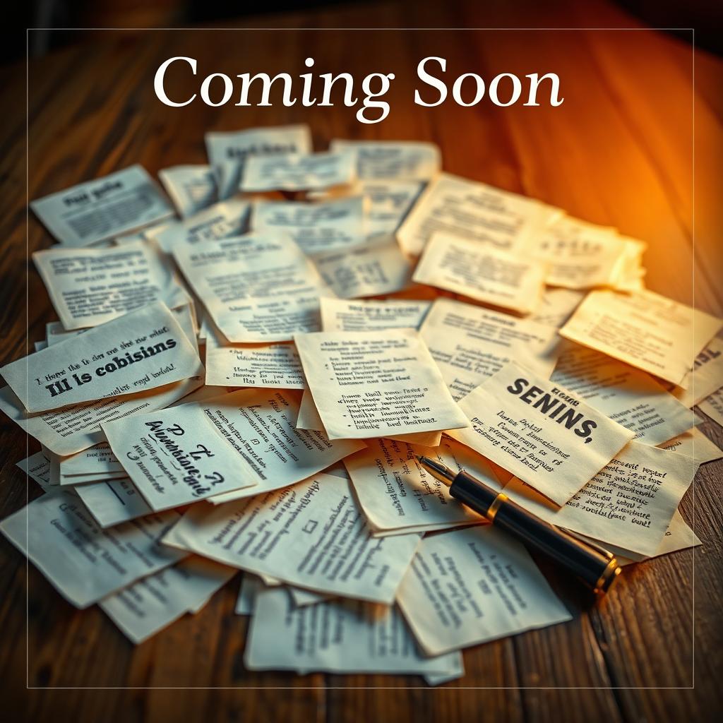 A visually captivating 'Coming Soon' poster featuring a chaotic assortment of printed papers scattered across a wooden table