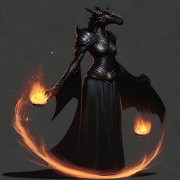 A dignified, female Black Dragonborn in a sleek black dress