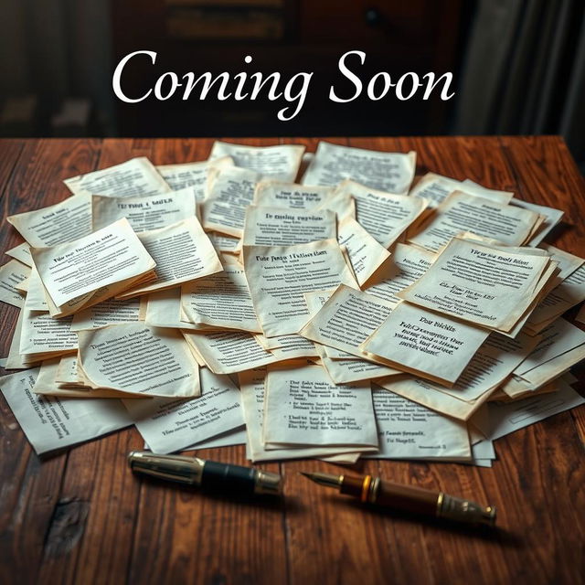 A visually captivating 'Coming Soon' poster featuring a chaotic assortment of printed papers scattered across a wooden table