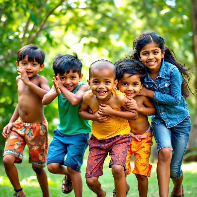 A lively scene featuring five playful Indian children: three boys and two girls