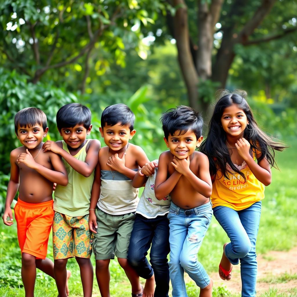 A lively scene featuring five playful Indian children: three boys and two girls