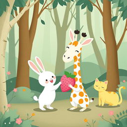 In a whimsical forest setting, a cute little white rabbit is joyfully giving a pink strawberry plush toy to a delighted long-necked giraffe
