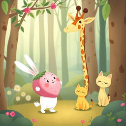 In a whimsical forest setting, a cute little white rabbit is joyfully giving a pink strawberry plush toy to a delighted long-necked giraffe