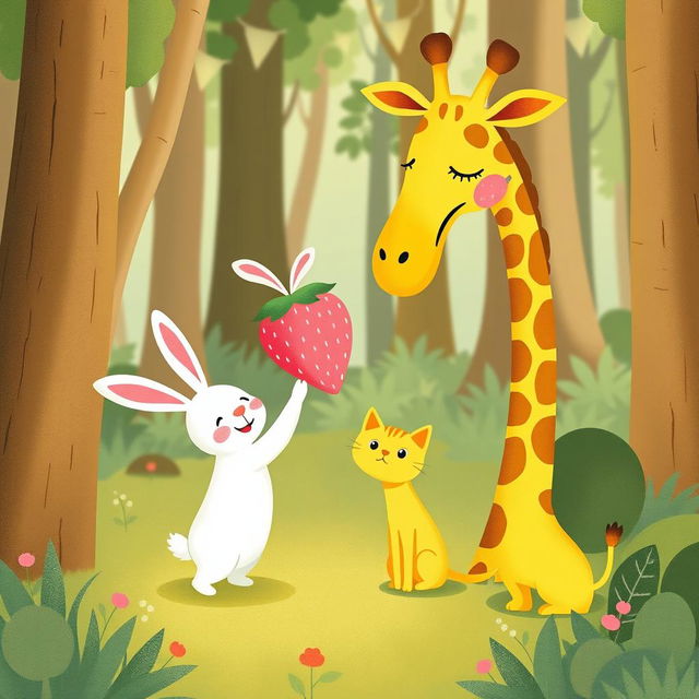 In a whimsical forest setting, a cute little white rabbit is joyfully giving a pink strawberry plush toy to a delighted long-necked giraffe