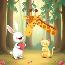 In a whimsical forest setting, a cute little white rabbit is joyfully giving a pink strawberry plush toy to a delighted long-necked giraffe