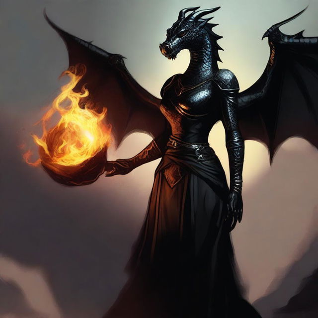 A dignified, female Black Dragonborn in a sleek black dress