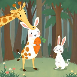 In a whimsical forest scene, a cute long-necked giraffe is happily gifting a carrot plush toy to a delighted little white rabbit, who shows a joyful expression