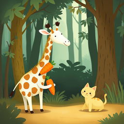 In a whimsical forest scene, a cute long-necked giraffe is happily gifting a carrot plush toy to a delighted little white rabbit, who shows a joyful expression