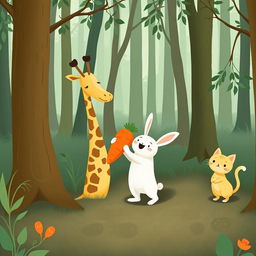 In a whimsical forest scene, a cute long-necked giraffe is happily gifting a carrot plush toy to a delighted little white rabbit, who shows a joyful expression