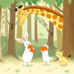 In a whimsical forest scene, a cute long-necked giraffe is happily gifting a carrot plush toy to a delighted little white rabbit, who shows a joyful expression
