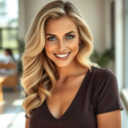 A striking 35-year-old woman with European features and beautiful blond hair, styled in soft waves