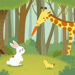 In a whimsical forest scene, a cute long-necked giraffe is joyfully giving a carrot to a delighted little white rabbit, who looks very happy