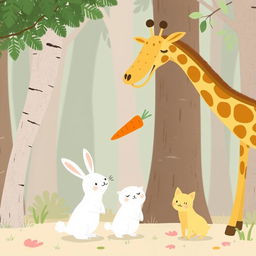 In a whimsical forest scene, a cute long-necked giraffe is joyfully giving a carrot to a delighted little white rabbit, who looks very happy