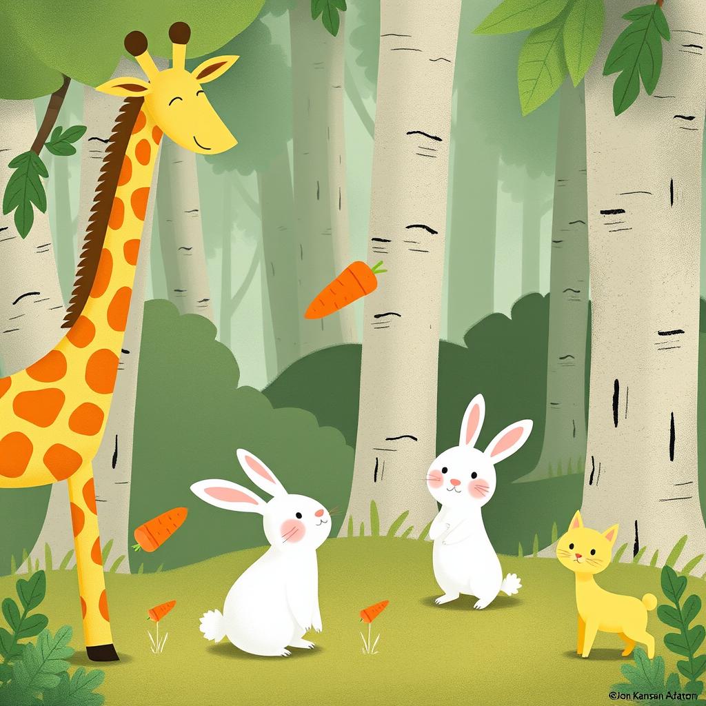 In a whimsical forest scene, a cute long-necked giraffe is joyfully giving a carrot to a delighted little white rabbit, who looks very happy