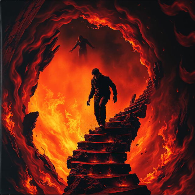 An intense and dramatic album cover depicting a man descending into the depths of a fiery abyss