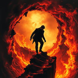 An intense and dramatic album cover depicting a man descending into the depths of a fiery abyss
