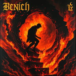 An intense and dramatic album cover depicting a man descending into the depths of a fiery abyss
