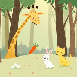 In a whimsical forest, a cute long-necked giraffe is happily presenting a carrot to a delighted little white rabbit, whose joy is evident on its face