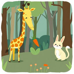 In a whimsical forest, a cute long-necked giraffe is happily presenting a carrot to a delighted little white rabbit, whose joy is evident on its face