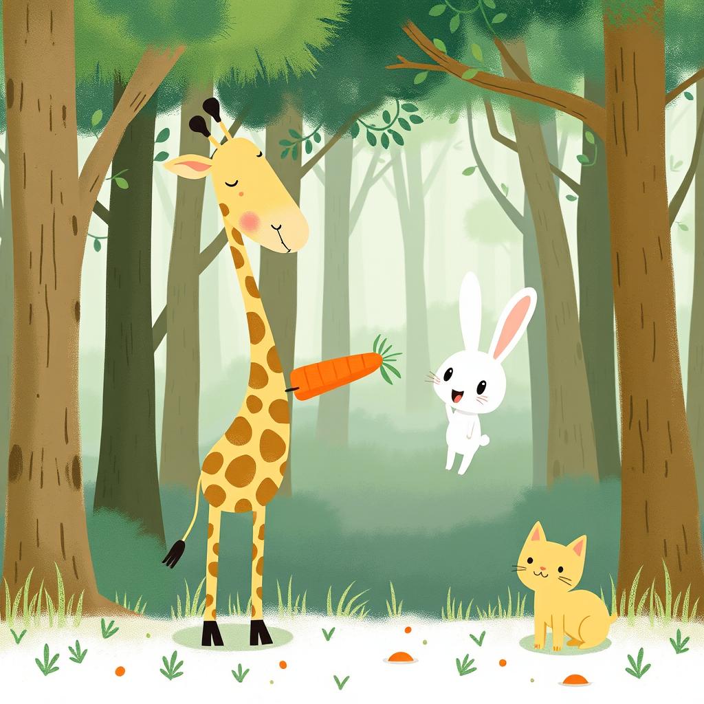 In a whimsical forest, a cute long-necked giraffe is happily presenting a carrot to a delighted little white rabbit, whose joy is evident on its face