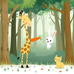 In a whimsical forest, a cute long-necked giraffe is happily presenting a carrot to a delighted little white rabbit, whose joy is evident on its face