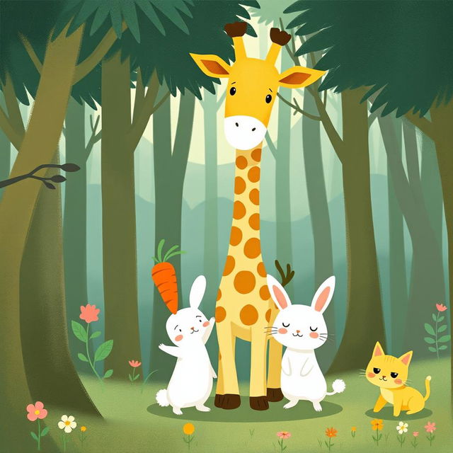 In a whimsical forest, a cute long-necked giraffe is happily presenting a carrot to a delighted little white rabbit, whose joy is evident on its face