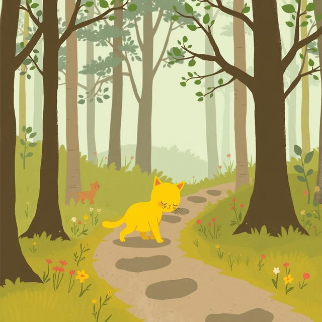 In a whimsical forest, a cute little yellow cat is walking along a path with its head hung low, exuding a feeling of sadness and disappointment