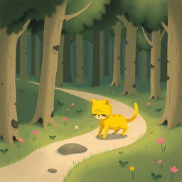 In a whimsical forest, a cute little yellow cat is walking along a path with its head hung low, exuding a feeling of sadness and disappointment