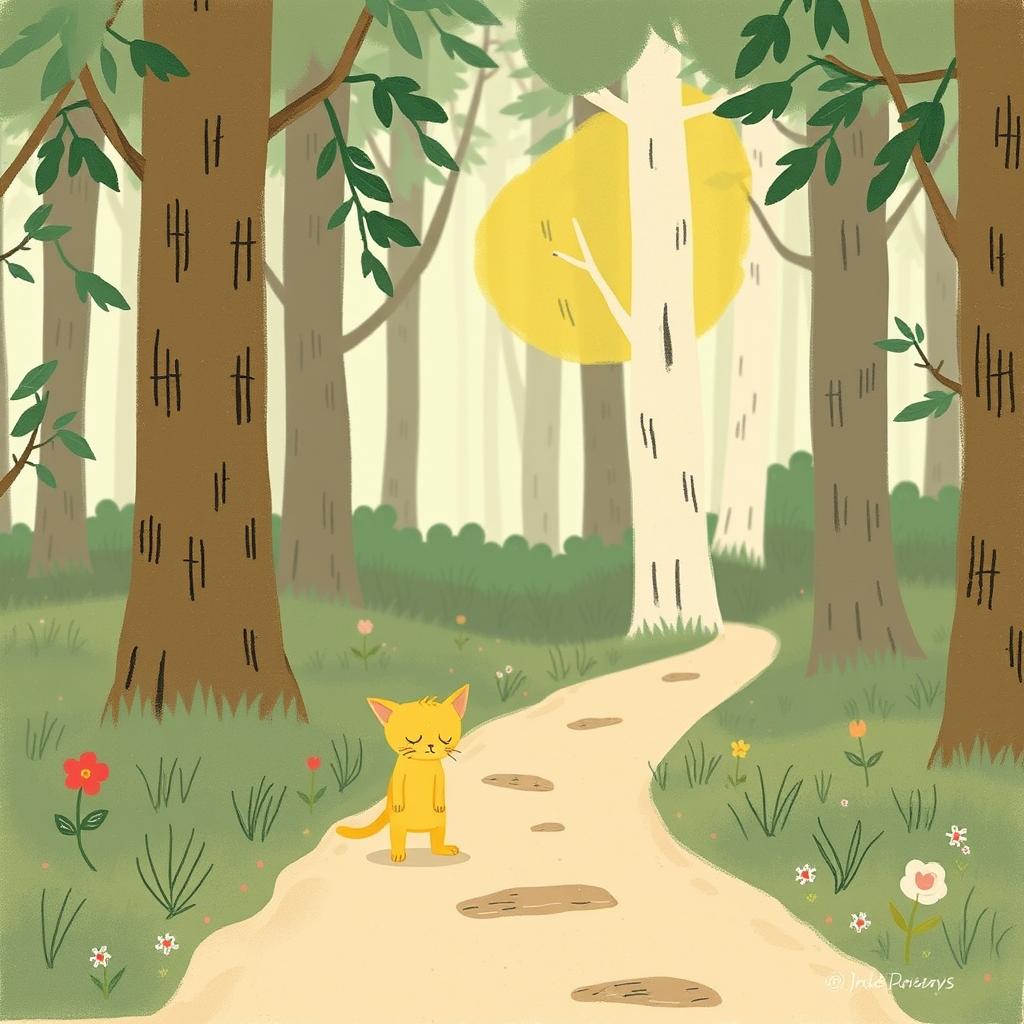 In a whimsical forest, a cute little yellow cat is walking along a path with its head hung low, exuding a feeling of sadness and disappointment