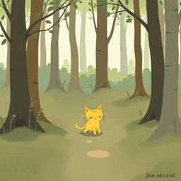 In a whimsical forest, a cute little yellow cat is walking along a path with its head hung low, exuding a feeling of sadness and disappointment