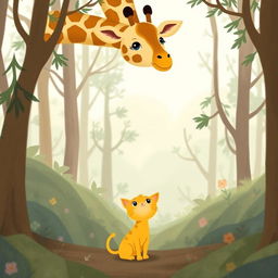 In a whimsical forest, a cute little yellow cat is gazing up with wonder at an adorable giraffe towering above