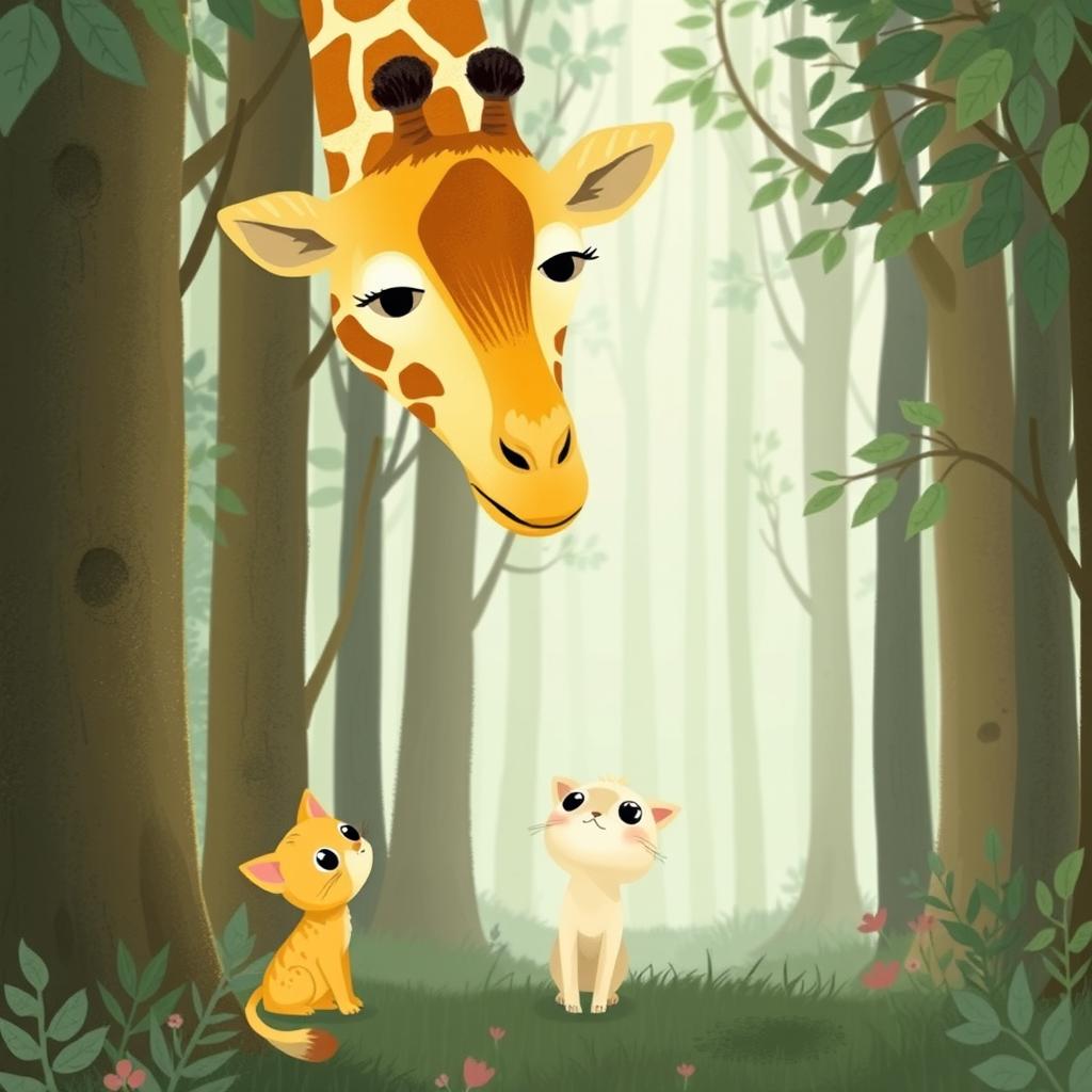 In a whimsical forest, a cute little yellow cat is gazing up with wonder at an adorable giraffe towering above