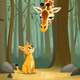 In a whimsical forest, a cute little yellow cat is gazing up with wonder at an adorable giraffe towering above